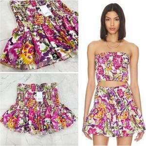 NWT MISA Los Angeles Pink Floral Print Smocked Mini Pleated Skirt Medium 8/10